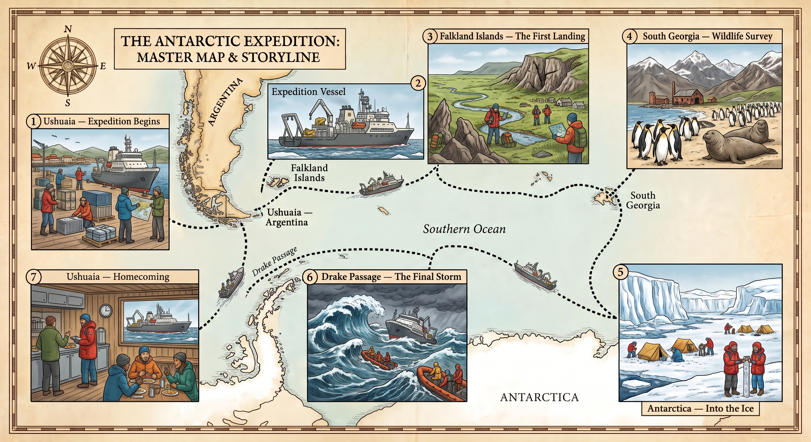 Illustrated map of the Antarctic expedition route from Ushuaia to Antarctica and home again.